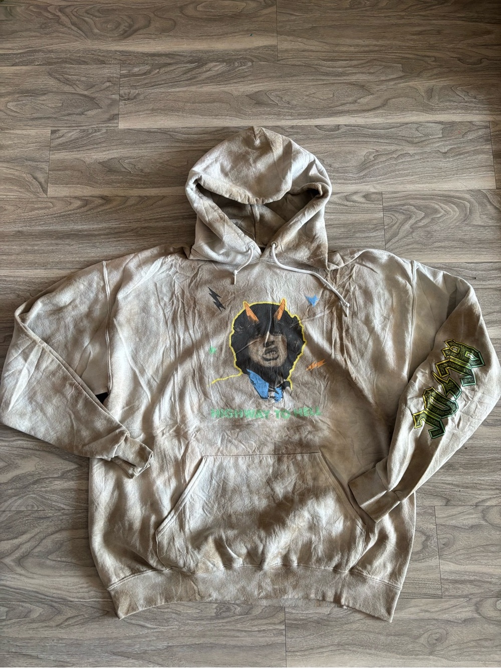 AC/DC Beige Graphic Pullover Hoodie with Multicolor Print